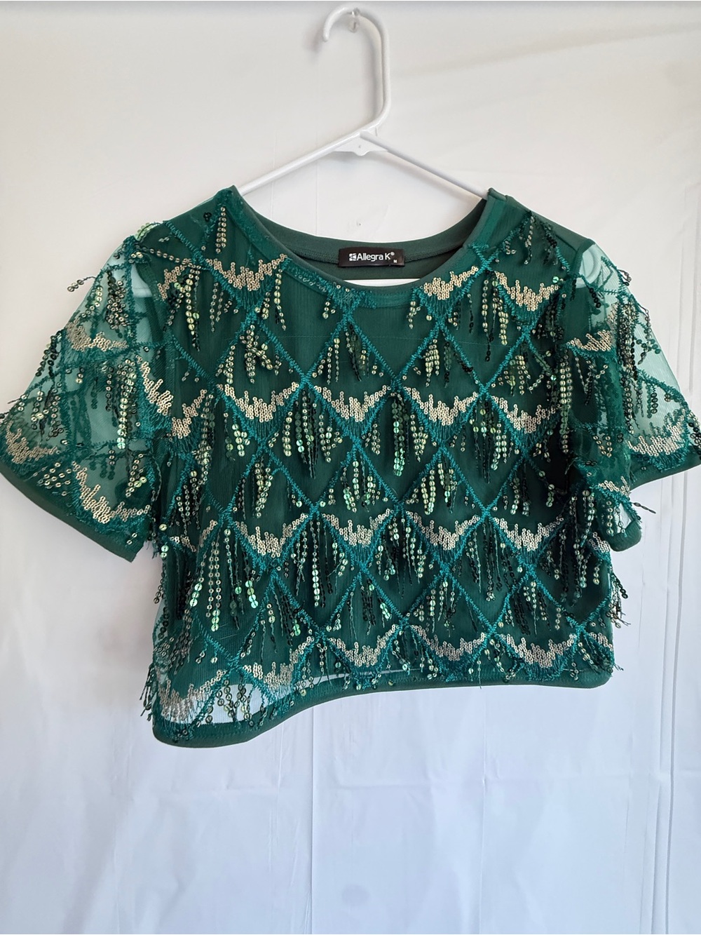 Allegra K Emerald Green Sequin Mesh Crop Top